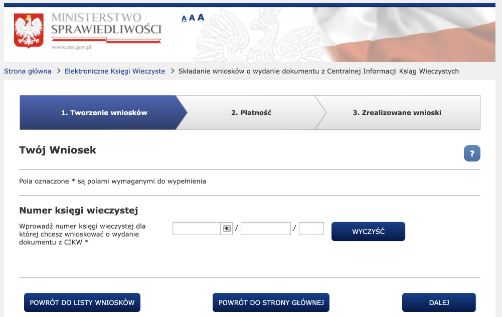 Odpis księgi wieczystej - wskazanie numeru KW
