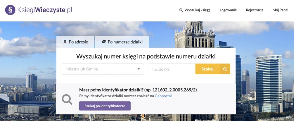 Wyszukiwanie księgi wieczystej po numerze działki na stronie Ksiegiwieczyste.pl