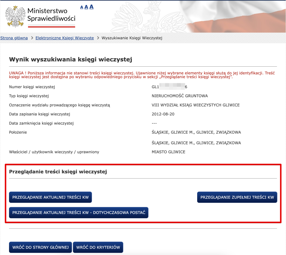 Stary numer księgi wieczystej - przeglądanie treści księgi wieczystej