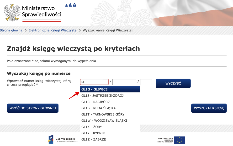 Stary numer księgi wieczystej - wybór kodu wydziału Sądu Rejonowego