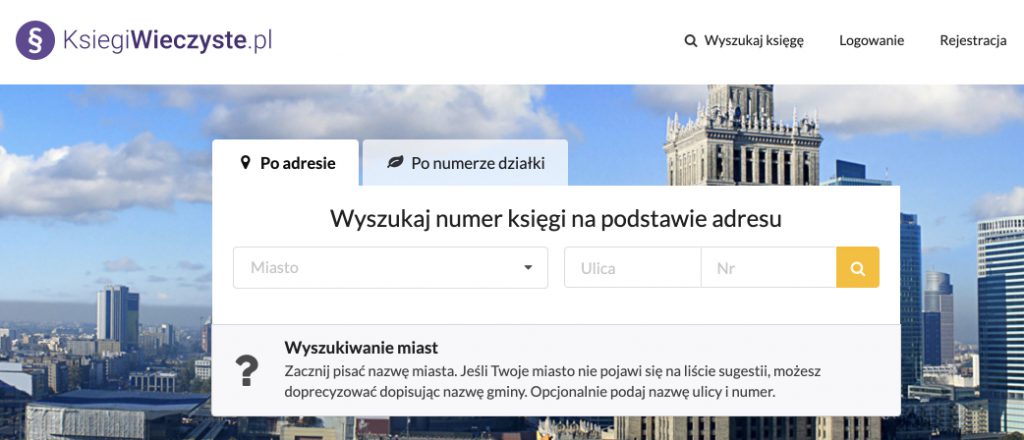 Wyszukiwanie księgi wieczystej po adresie nieruchomości na stronie Ksiegiwieczyste.pl