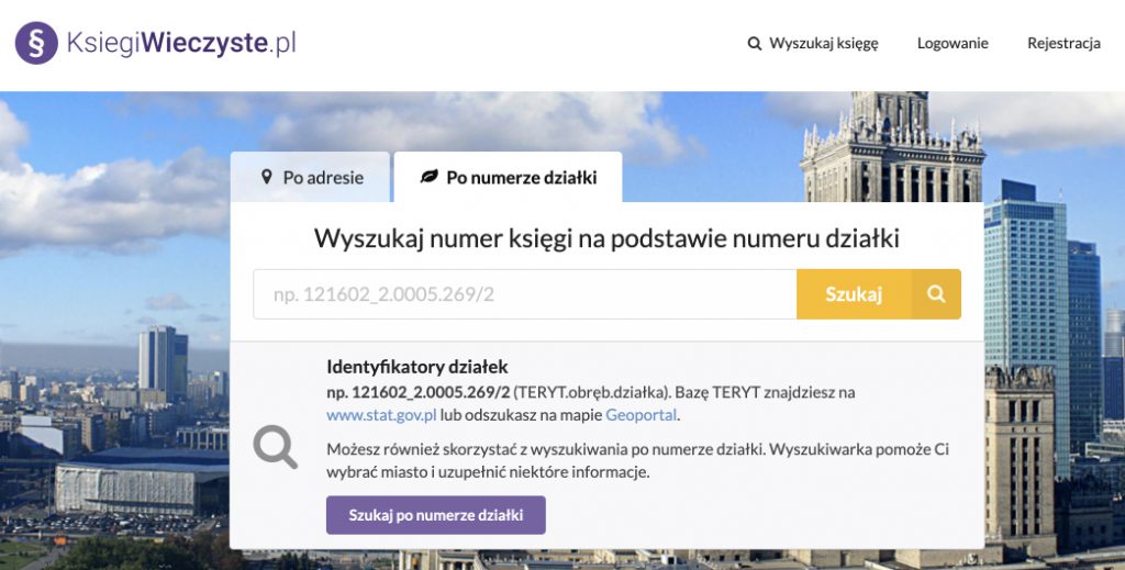 Wyszukiwanie księgi wieczystej po numerze/identyfikatorze działki na stronie Ksiegiwieczyste.pl