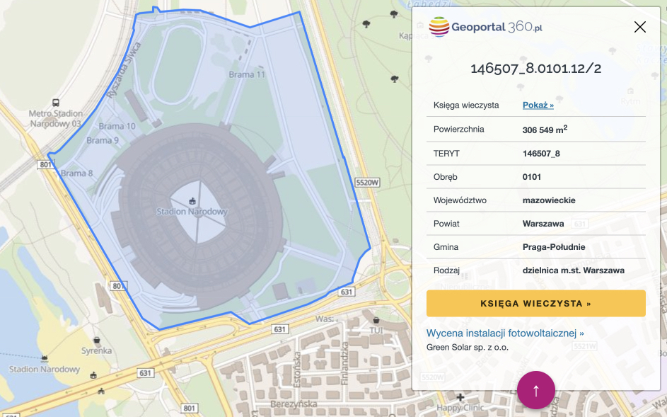 Geoportal360.pl - przykładowe dane ewidencyjne działki