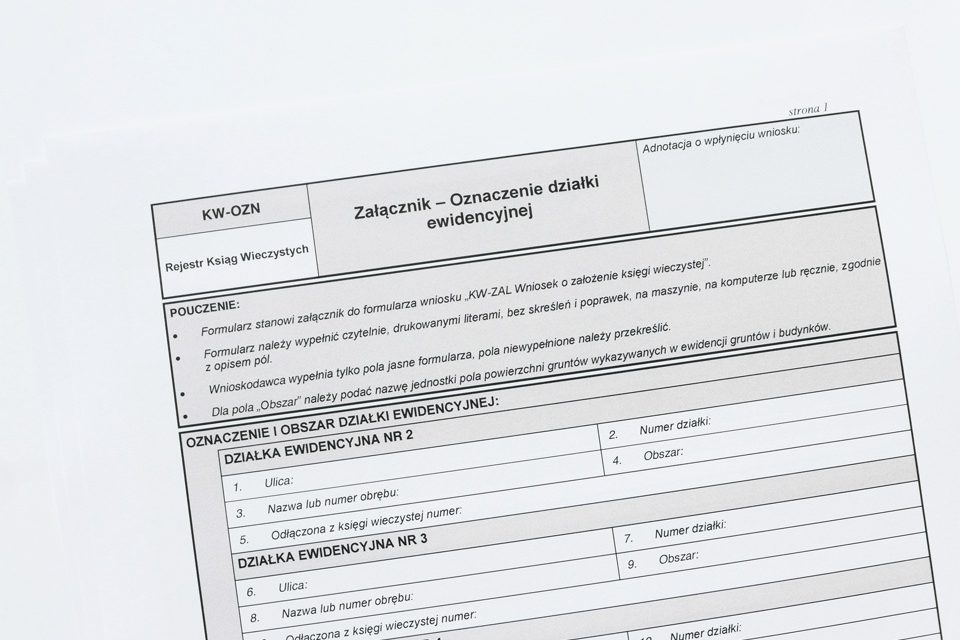 Formularz KW-OZN - Oznaczenie działki ewidencyjnej