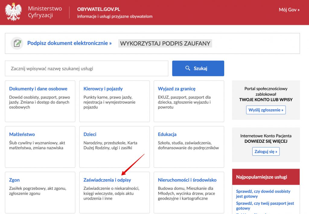 Wypis z rejestru gruntów i wyrys z mapy ewidencyjnej - wniosek przez Internet