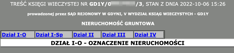 Przeglądarka ksiąg wieczystych - widok z nazwami działów KW
